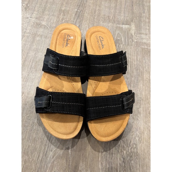 Clarks Collection Sandals Slides Comfort Adjustable‎ Black Straps 9.5 - Picture 1 of 6